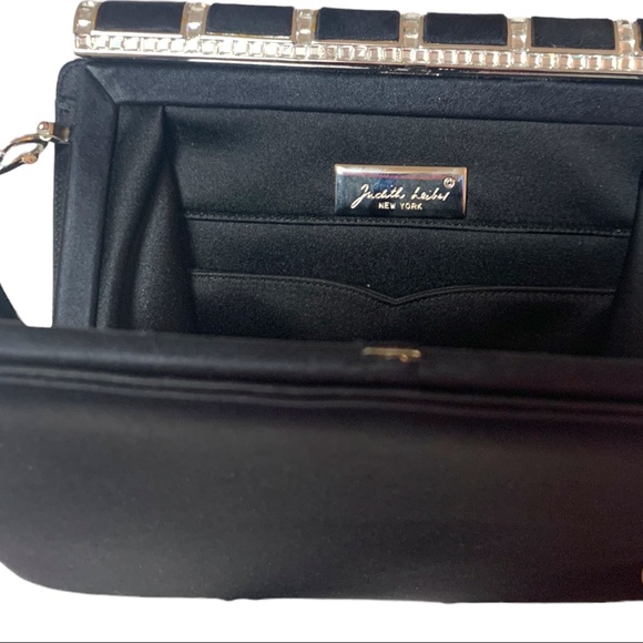 Judith Leiber black satin purse with rhinestones strap, mirror & comb - Picture 3 of 5